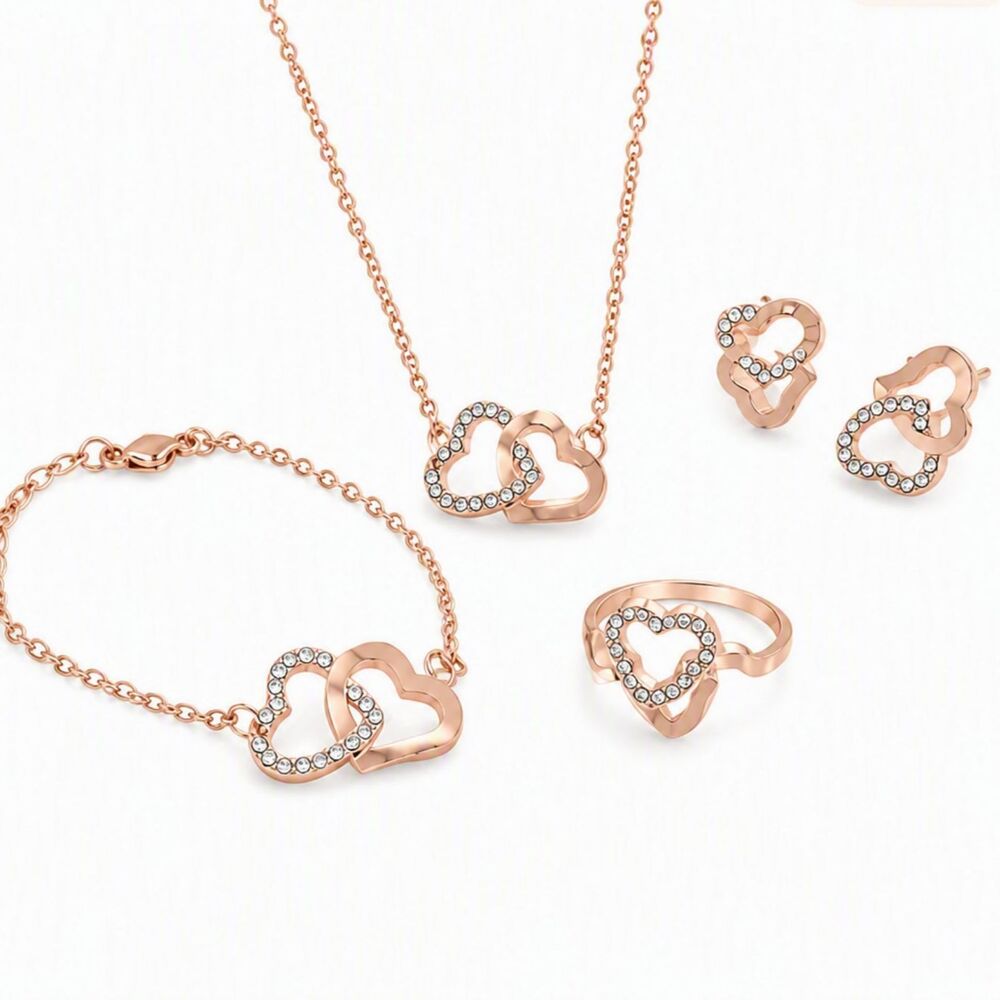 4 Pcs Double Heart Cubic Zirconia Jewelry Set Earrings Necklace Bracelet Ring